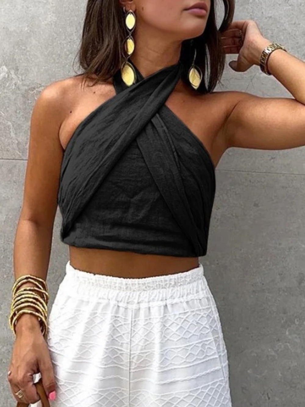 Commense Black Cross-Wrap Scarf Top